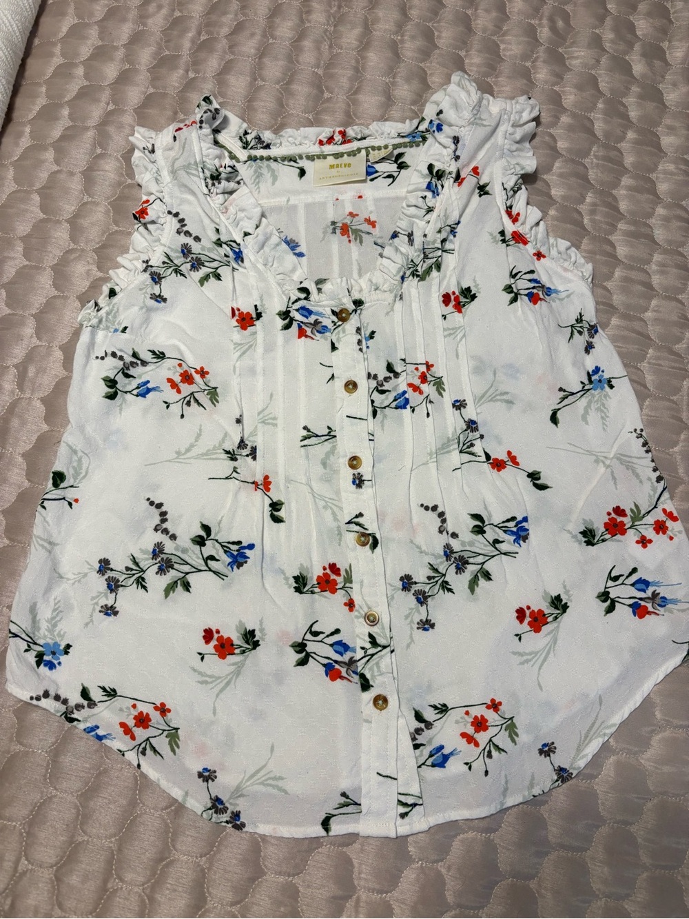 Maeve Anthropologie Floral Ruffle Sleeveless Blouse Size 6 Boho Cottage
